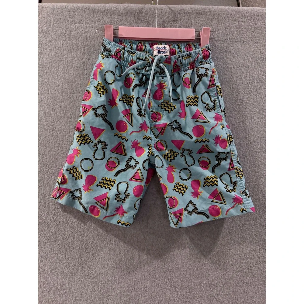 Beach Bros Boys Retro Geometric Pineapple Swim Trunks Blue Pink Size 10